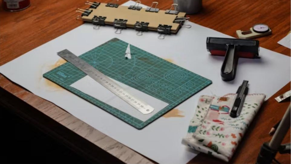 Leather cutting tools and materials laid out on a workbench